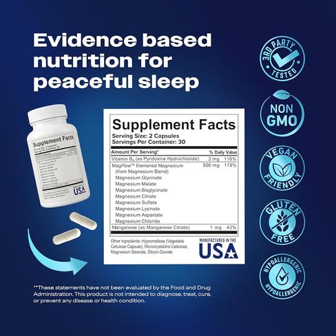 Magnesium Complex Supplement – 8 Elemental 500mg Magnesium Glycinate, Citrate, Malate with MagFlow™ - Sleep, Muscle & Relaxation Support | 60 Capsules | Non-GMO, Vegan, 3rd Party Tested, Made in USA in Saudi Arabia
