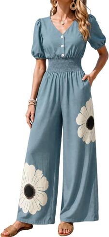 Jumpsuits for Women Dressy Puff Short Sleeve V Neck Wide Leg Floral Pants Rompers Elastic Waist One Piece Outfits with Pocket in Saudi Arabia