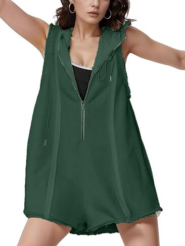 Women's Summer Sleeveless Athletic Workout Hooded Rompers Casual Zip-Front Neck Shorts Jumpsuit Overalls with Pockets in Saudi Arabia