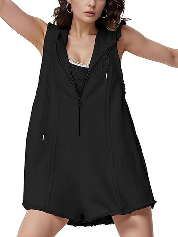 Women's Summer Sleeveless Athletic Workout Hooded Rompers Casual Zip-Front Neck Shorts Jumpsuit Overalls with Pockets in Saudi Arabia