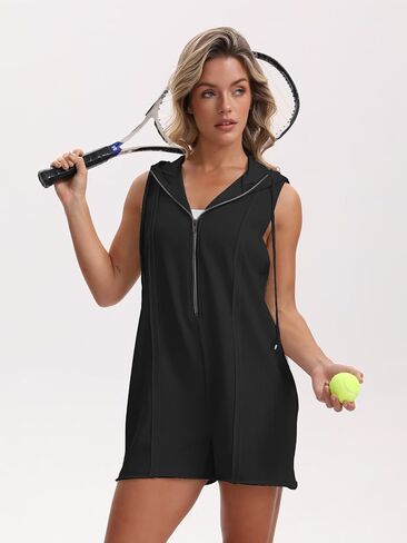 Women's Summer Sleeveless Athletic Workout Hooded Rompers Casual Zip-Front Neck Shorts Jumpsuit Overalls with Pockets in Saudi Arabia