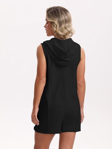 Women's Summer Sleeveless Athletic Workout Hooded Rompers Casual Zip-Front Neck Shorts Jumpsuit Overalls with Pockets in Saudi Arabia