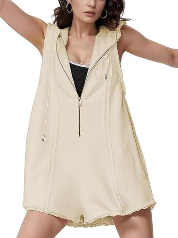 Women's Summer Sleeveless Athletic Workout Hooded Rompers Casual Zip-Front Neck Shorts Jumpsuit Overalls with Pockets in Saudi Arabia