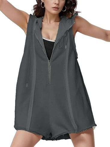 Women's Summer Sleeveless Athletic Workout Hooded Rompers Casual Zip-Front Neck Shorts Jumpsuit Overalls with Pockets in Saudi Arabia