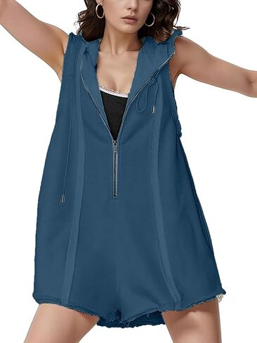 Women's Summer Sleeveless Athletic Workout Hooded Rompers Casual Zip-Front Neck Shorts Jumpsuit Overalls with Pockets in Saudi Arabia
