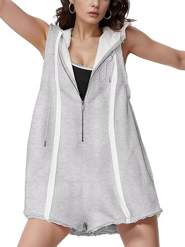 Women's Summer Sleeveless Athletic Workout Hooded Rompers Casual Zip-Front Neck Shorts Jumpsuit Overalls with Pockets in Saudi Arabia