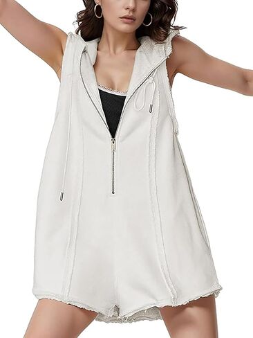 Women's Summer Sleeveless Athletic Workout Hooded Rompers Casual Zip-Front Neck Shorts Jumpsuit Overalls with Pockets in Saudi Arabia