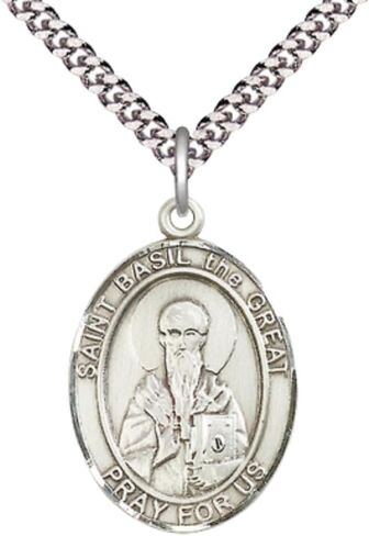 Saint Basil the Great Men's Medal Necklace – Patron Saint of Hospital Administrators – 24" Light Chain and Gift Box, Catholic Religious Necklace - Made in USA in Saudi Arabia
