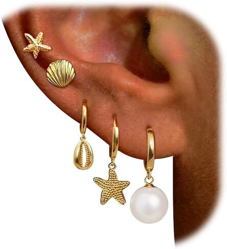 Gold Starfish Shell Earrings for Women 14K Gold Plated Beach Sea Summer Dangle Stud Earrings Cute Seashell Pearl Beachy Jewelry for Gifts in Saudi Arabia