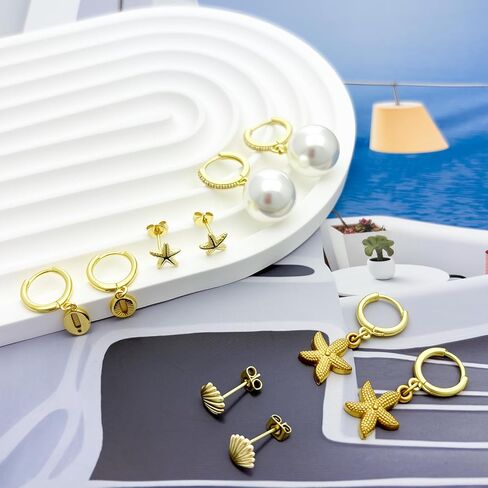 Gold Starfish Shell Earrings for Women 14K Gold Plated Beach Sea Summer Dangle Stud Earrings Cute Seashell Pearl Beachy Jewelry for Gifts in Saudi Arabia