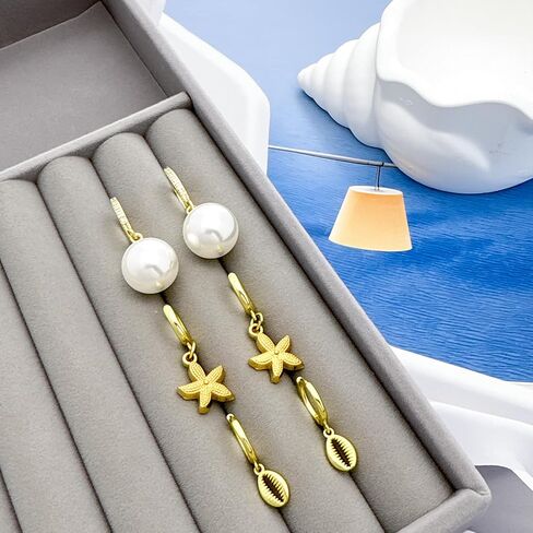 Gold Starfish Shell Earrings for Women 14K Gold Plated Beach Sea Summer Dangle Stud Earrings Cute Seashell Pearl Beachy Jewelry for Gifts in Saudi Arabia
