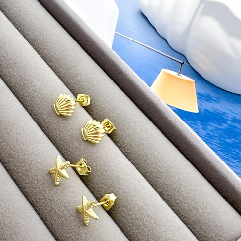 Gold Starfish Shell Earrings for Women 14K Gold Plated Beach Sea Summer Dangle Stud Earrings Cute Seashell Pearl Beachy Jewelry for Gifts in Saudi Arabia