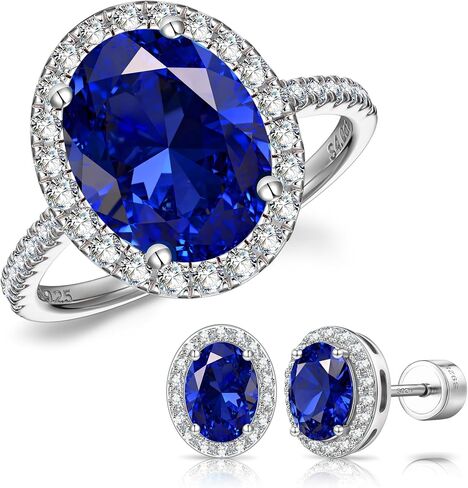 Certified Lab Grown Blue Sapphire Jewelry Set for Women - Includes 4ct Lab Grown Sapphire Ring (Size 8) & 2.4cttw Stud Earrings - 925 Sterling Silver Gift Box in Saudi Arabia