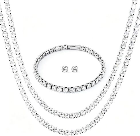 4.0mm Silver Tennis Bracelet Necklace Earring Hypoallergenic Cubic Zirconia Cut Faux Diamond Tennis Jewelry for Women in Kuwait