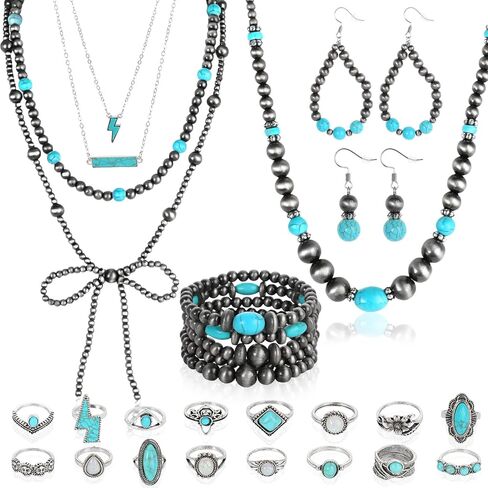 gisgfim 28Pcs Navajo Pearl Jewelry Set for Women Western Turquoise Beaded Choker Bow Necklaces Bracelets Dangle Earrings in Kuwait
