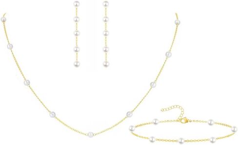 Dainty Pearls Choker Layered Necklace Stud Earring Link Bracelets Trendy Gold Wedding Bride Jewelry Set for Women in Kuwait