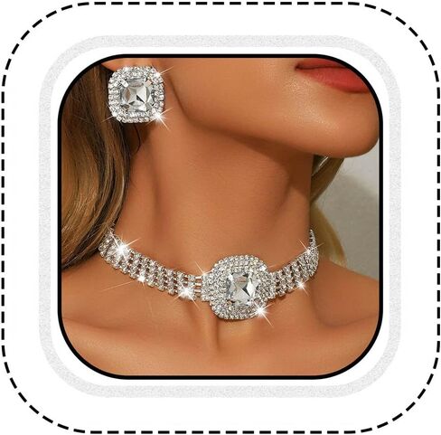 Unicra Silver Rhinestone Jewelry Set Diamond Choker Necklace Earrings Sets Wedding Prom Formal Jewelry for Women and Brides in Kuwait