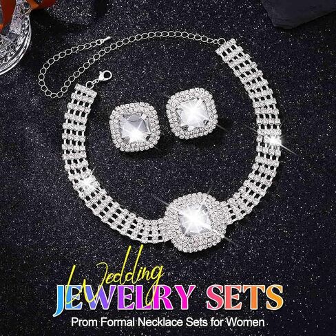 Unicra Silver Rhinestone Jewelry Set Diamond Choker Necklace Earrings Sets Wedding Prom Formal Jewelry for Women and Brides in Kuwait