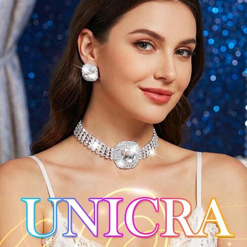 Unicra Silver Rhinestone Jewelry Set Diamond Choker Necklace Earrings Sets Wedding Prom Formal Jewelry for Women and Brides in Kuwait