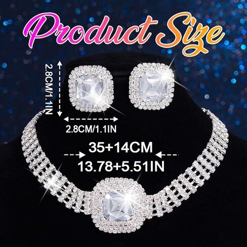 Unicra Silver Rhinestone Jewelry Set Diamond Choker Necklace Earrings Sets Wedding Prom Formal Jewelry for Women and Brides in Kuwait