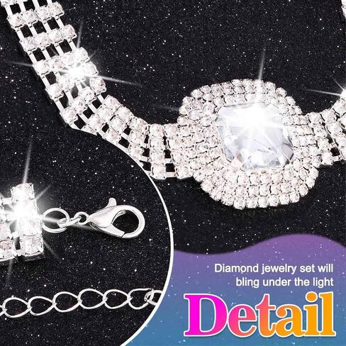 Unicra Silver Rhinestone Jewelry Set Diamond Choker Necklace Earrings Sets Wedding Prom Formal Jewelry for Women and Brides in Kuwait