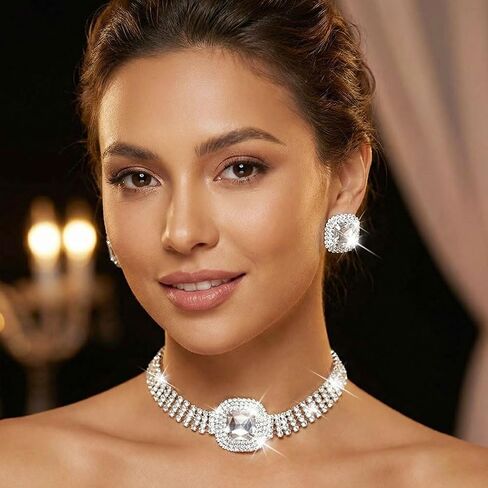 Unicra Silver Rhinestone Jewelry Set Diamond Choker Necklace Earrings Sets Wedding Prom Formal Jewelry for Women and Brides in Kuwait