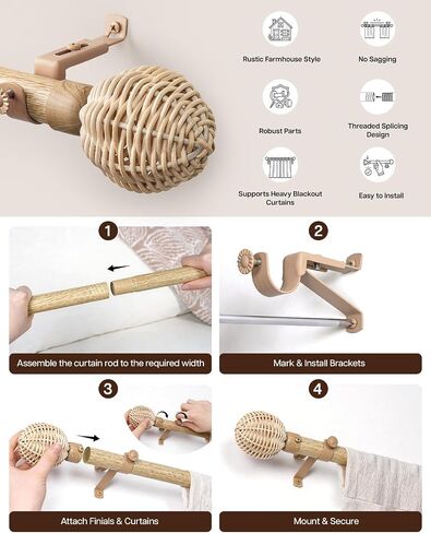 LazBlinds 1 Inch Curtain Rods for Windows 30"-87.6", Heavy Duty Splicing Pole with Natural Woven Finials, Rustic Farmhouse Window Hardware Set with Brackets for Living Room Bedroom, Rattan Egg in Saudi Arabia