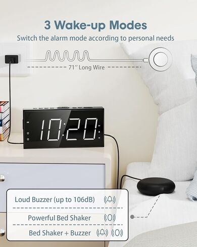Roxicosly Alarm Clock for Heavy Sleepers with Bed Shaker, Dual Alarm Clock with USB Charger, 7.5" Large LED Display, Adjustable Brightness, Snooze, 12/24H & Battery Backup for Hard of Hearing/Deaf in Saudi Arabia