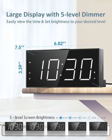 Roxicosly Alarm Clock for Heavy Sleepers with Bed Shaker, Dual Alarm Clock with USB Charger, 7.5" Large LED Display, Adjustable Brightness, Snooze, 12/24H & Battery Backup for Hard of Hearing/Deaf in Saudi Arabia