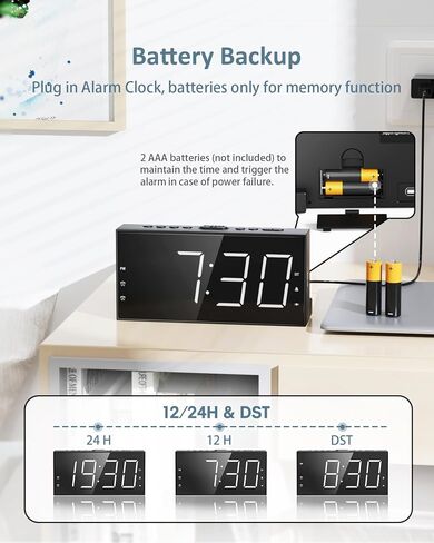 Roxicosly Alarm Clock for Heavy Sleepers with Bed Shaker, Dual Alarm Clock with USB Charger, 7.5" Large LED Display, Adjustable Brightness, Snooze, 12/24H & Battery Backup for Hard of Hearing/Deaf in Saudi Arabia