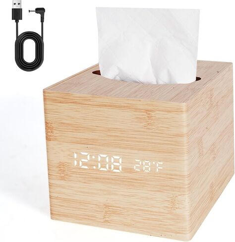 Wooden Tissue Box Cover Digital Cordless Alarm Clocks for Bedrooms, 8-Level Dimming, 5 Alarm Settings, Sound Activation, 5 Mins Snooze, 12/24H, Temperature and Date Display for Office in Kuwait