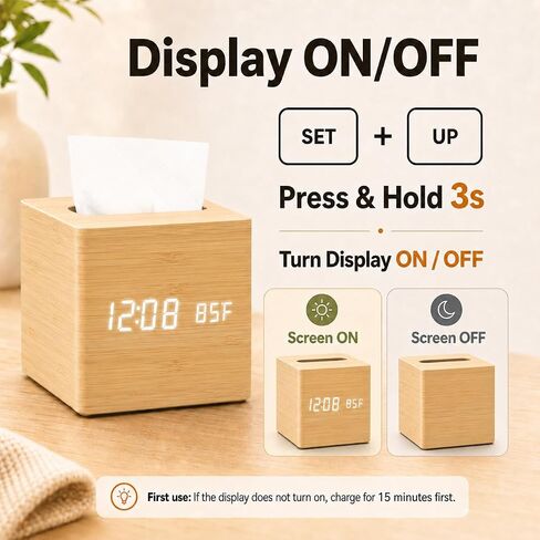 Wooden Tissue Box Cover Digital Cordless Alarm Clocks for Bedrooms, 8-Level Dimming, 5 Alarm Settings, Sound Activation, 5 Mins Snooze, 12/24H, Temperature and Date Display for Office in Kuwait