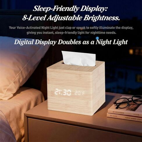 Wooden Tissue Box Cover Digital Cordless Alarm Clocks for Bedrooms, 8-Level Dimming, 5 Alarm Settings, Sound Activation, 5 Mins Snooze, 12/24H, Temperature and Date Display for Office in Kuwait