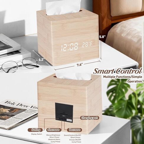 Wooden Tissue Box Cover Digital Cordless Alarm Clocks for Bedrooms, 8-Level Dimming, 5 Alarm Settings, Sound Activation, 5 Mins Snooze, 12/24H, Temperature and Date Display for Office in Kuwait