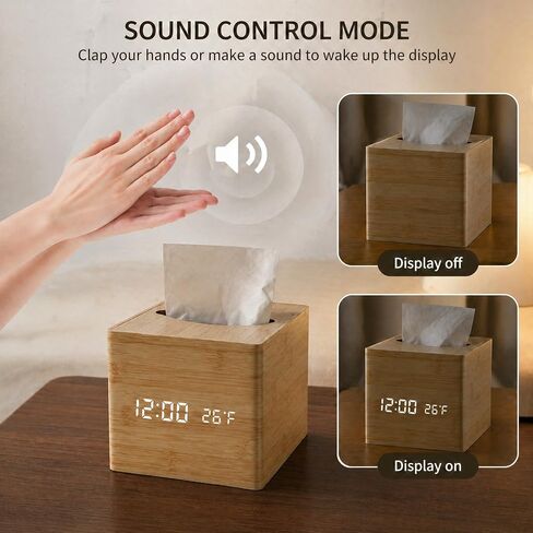 Wooden Tissue Box Cover Digital Cordless Alarm Clocks for Bedrooms, 8-Level Dimming, 5 Alarm Settings, Sound Activation, 5 Mins Snooze, 12/24H, Temperature and Date Display for Office in Kuwait