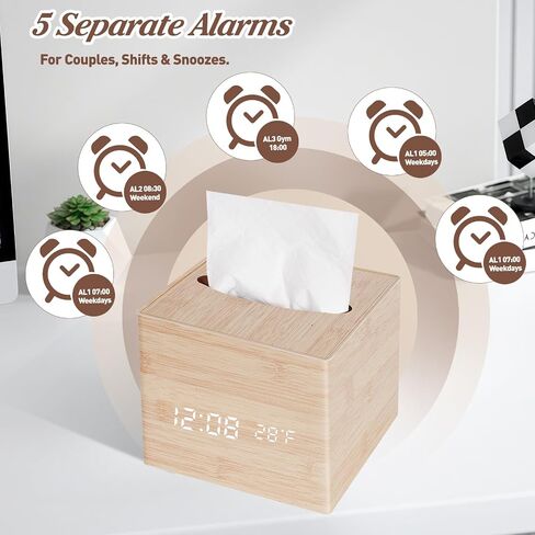 Wooden Tissue Box Cover Digital Cordless Alarm Clocks for Bedrooms, 8-Level Dimming, 5 Alarm Settings, Sound Activation, 5 Mins Snooze, 12/24H, Temperature and Date Display for Office in Kuwait