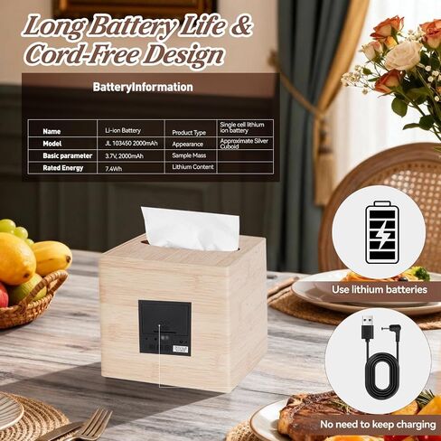 Wooden Tissue Box Cover Digital Cordless Alarm Clocks for Bedrooms, 8-Level Dimming, 5 Alarm Settings, Sound Activation, 5 Mins Snooze, 12/24H, Temperature and Date Display for Office in Kuwait