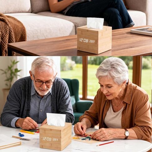 Wooden Tissue Box Cover Digital Cordless Alarm Clocks for Bedrooms, 8-Level Dimming, 5 Alarm Settings, Sound Activation, 5 Mins Snooze, 12/24H, Temperature and Date Display for Office in Kuwait