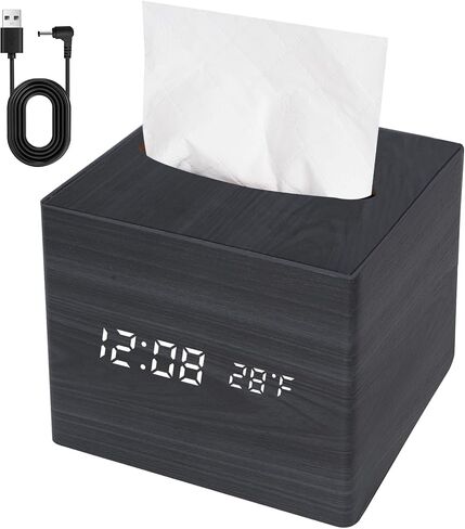 Wooden Tissue Box Cover Digital Cordless Alarm Clocks for Bedrooms, 8-Level Dimming, 5 Alarm Settings, Sound Activation, 5 Mins Snooze, 12/24H, Temperature and Date Display for Office in Kuwait