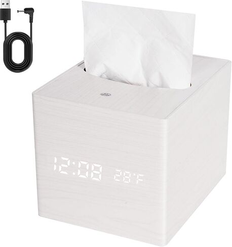 Wooden Tissue Box Cover Digital Cordless Alarm Clocks for Bedrooms, 8-Level Dimming, 5 Alarm Settings, Sound Activation, 5 Mins Snooze, 12/24H, Temperature and Date Display for Office in Kuwait