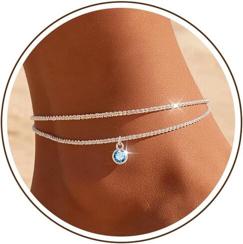 Sterling Silver Ankle Bracelets for Women 14K Gold Waterproof Layered Stackable Sparkly Chain Birthstone Charm Non Tarnish Large Adjustable Birthday Summer Beach Jewelry Gift in Saudi Arabia