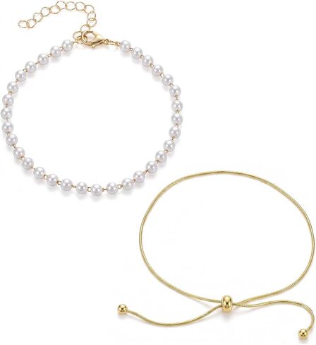 2 PCS Gold Ankle Bracelets for Women Adjustable Pearl Beads Anklets Waterproof White Beaded Anklet Stainless Steel Simple Thin Chain Anklet Summer Beach Jewelry Gift in Saudi Arabia
