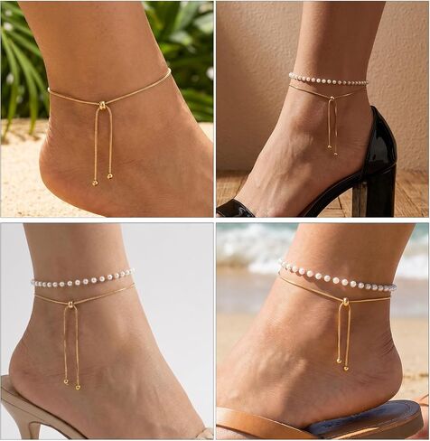 2 PCS Gold Ankle Bracelets for Women Adjustable Pearl Beads Anklets Waterproof White Beaded Anklet Stainless Steel Simple Thin Chain Anklet Summer Beach Jewelry Gift in Saudi Arabia