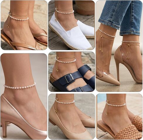2 PCS Gold Ankle Bracelets for Women Adjustable Pearl Beads Anklets Waterproof White Beaded Anklet Stainless Steel Simple Thin Chain Anklet Summer Beach Jewelry Gift in Saudi Arabia