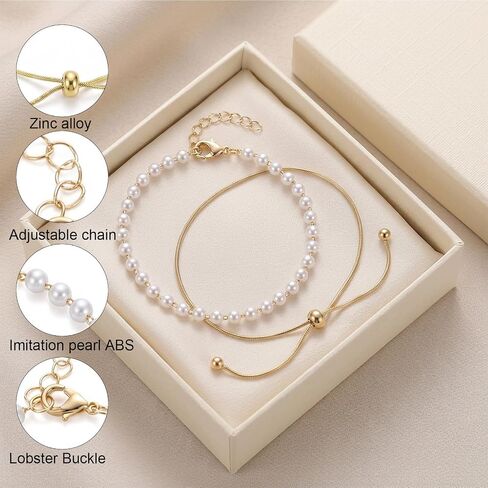 2 PCS Gold Ankle Bracelets for Women Adjustable Pearl Beads Anklets Waterproof White Beaded Anklet Stainless Steel Simple Thin Chain Anklet Summer Beach Jewelry Gift in Saudi Arabia