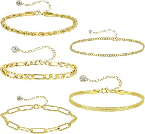 5 Pcs Gold Anklets for Women, 14K Gold Plated Stainless Steel Ankle Bracelets Set, Adjustable Cuban Link/Figaro/Snake Chain Foot Jewelry for Summer Beach, 8.27"+2.95" in Kuwait