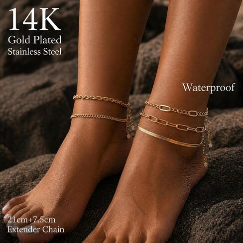 5 Pcs Gold Anklets for Women, 14K Gold Plated Stainless Steel Ankle Bracelets Set, Adjustable Cuban Link/Figaro/Snake Chain Foot Jewelry for Summer Beach, 8.27"+2.95" in Kuwait