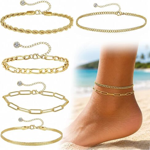 5 Pcs Gold Anklets for Women, 14K Gold Plated Stainless Steel Ankle Bracelets Set, Adjustable Cuban Link/Figaro/Snake Chain Foot Jewelry for Summer Beach, 8.27"+2.95" in Kuwait