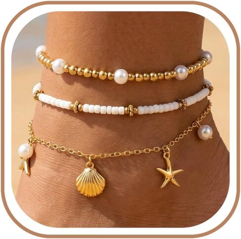 Shell Anklet for Women Beach Seashell Layered Stack 14K Gold Plated Pearl Beads Boho Summer Starfish Handmade Foot Jewelry in Saudi Arabia