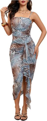 Floerns Women's Elegant Mesh Cami Dress Ruched Ruffle Side Slit Bodycon Maxi Prom Dresses in Saudi Arabia
